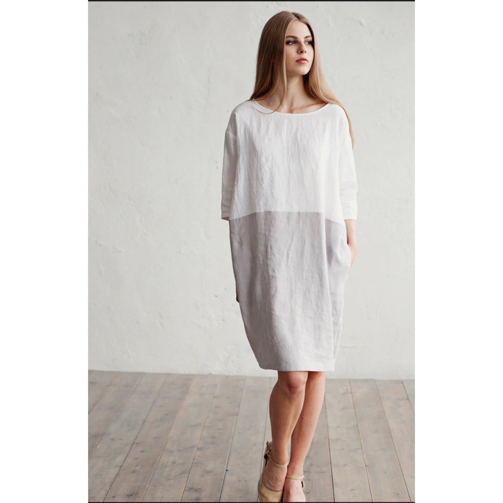 Magic Linen Adria Color-Block Linen Dress White Gray XL Relaxed Fit Pocketed